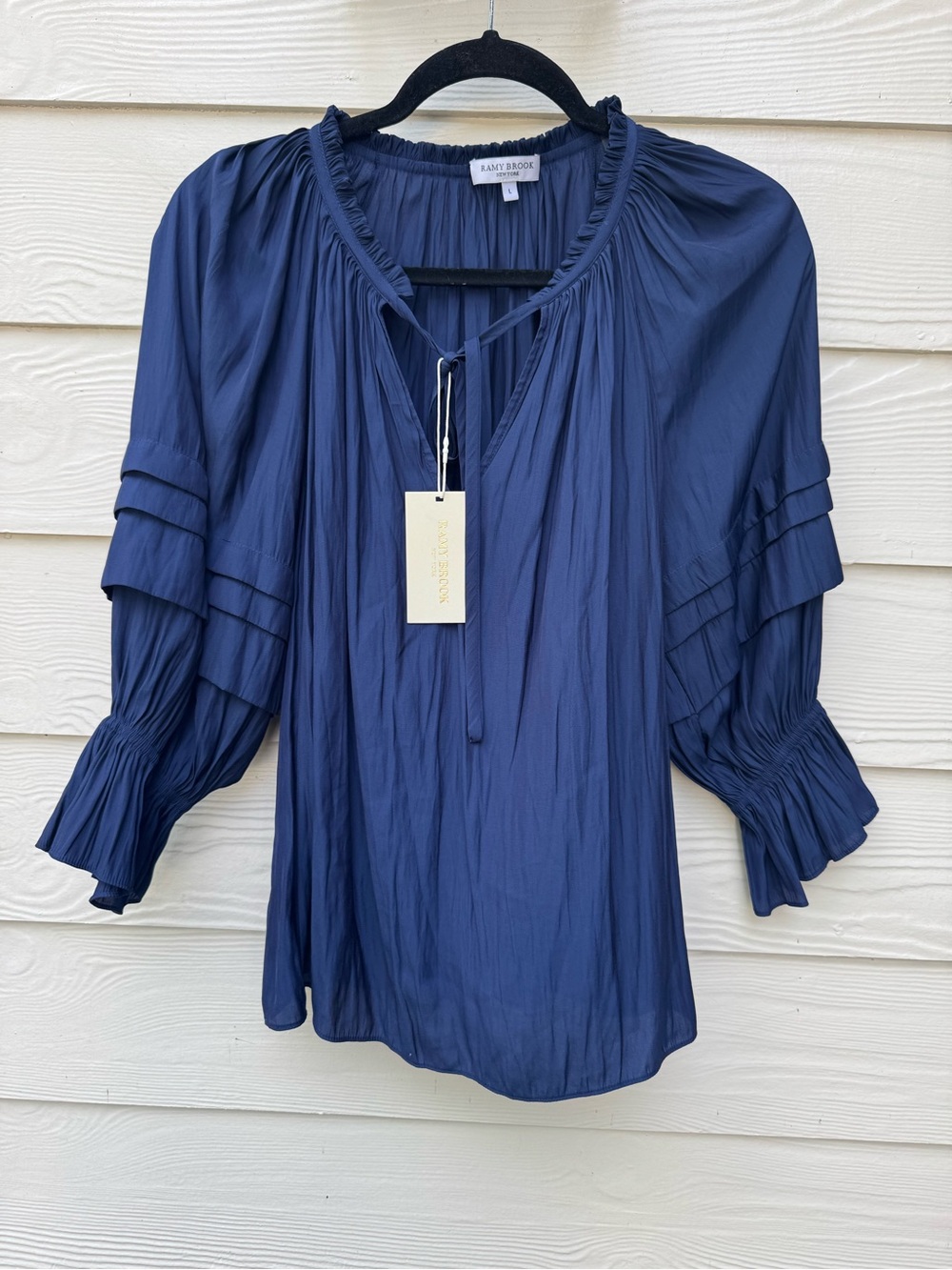 NWT Ramy Brook Rhea Blouse Top Spring Navy Blue L